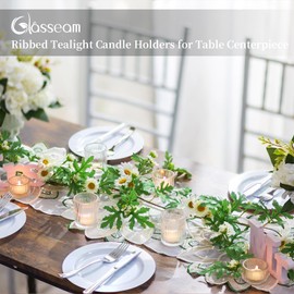 Glass Votive Tealight Candle Holder: Glasseam Small Clear Tea Light Holders Set of 8 Decorative Ribbed Tea Lights Holder for Table Centerpiece Wedding Christmas Dining Room Decor