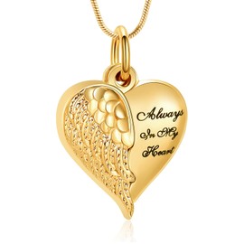 Angel Wing Heart Urn Necklaces for Ashes Memorial Keepsake Pendant for Women Men Cremation Jewelry (A-Gold)