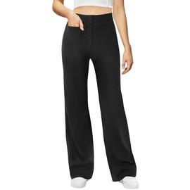 SEAJOJO Women's High Waisted Button Multiple Pockets Work Pants, Straight Leg Casual Stretchy Business Trousers Black