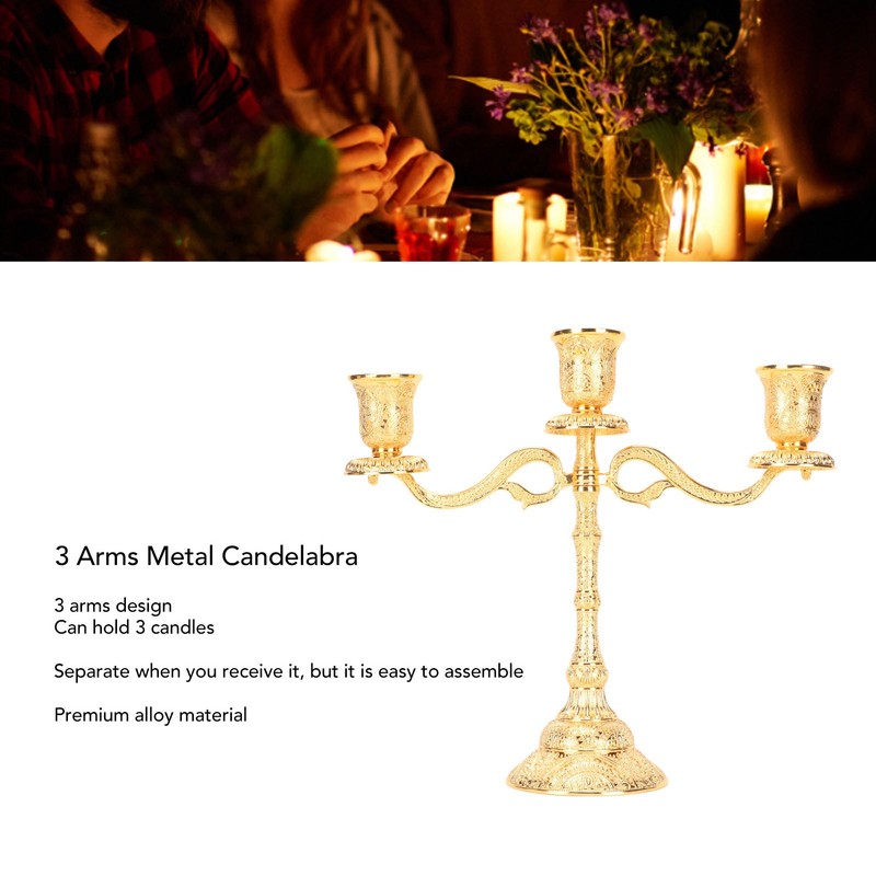 3 Arms Alloy Candelabra Vintage Style Elegant Candlestick Holder for