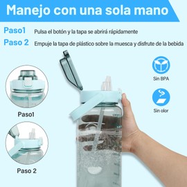 Botella de agua 2 litros,Bote de agua Portátil para Gimnasio,Botella Deportiva con Marcas de Tiempo Reutilizable y sin BPA,Termo agua de Gran Capacidad,para Gimnasio,Viajes,Oficina,Camping,negra