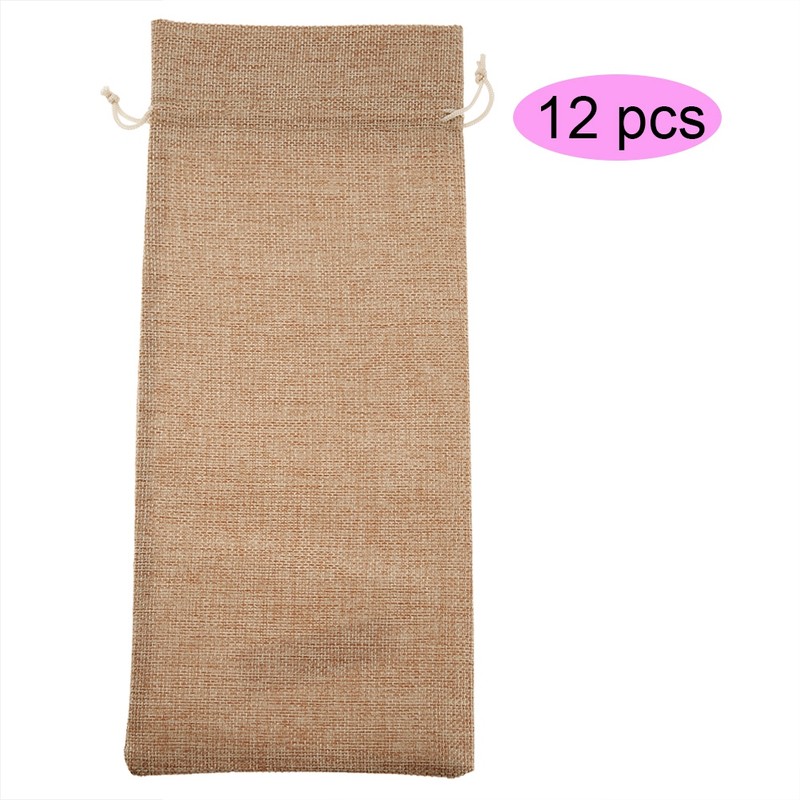 12pcs Simple Linen Fabric Wine Bag with Drawstring Champagne Decorative