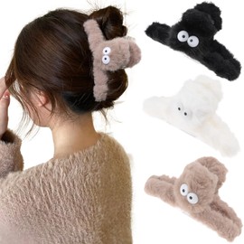 Ufgin Fuzzy Claw Clips for Women Girls - 3 Pcs Non-Slip Furry Hair Clips Cute Fuzzy Clip for Thick or Thin Hair(Black+Brown+Beige)