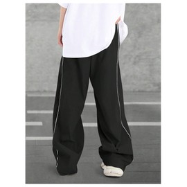 OYOANGLE Men's Drawstring Waist Casual Pants Loose Fit Straight Leg Pants Baggy Joggers Black Medium