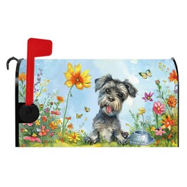 Baocicco Spring Schnauzer Mailbox Covers Cute Dog Flower Butterfly Grassland Magnetic Mailbox Wraps Standard Size 21x18 Inch Summer Spring Mail Box Post Letter Box Wraps for Home Yard Decor