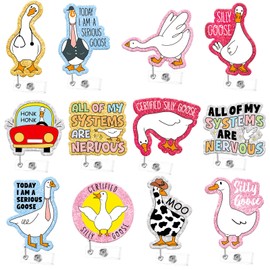 12PCS Funny Silly Goose Badge Reels Goose Badge Holder Clip Nurse Retractable ID Card Holder Nurse ID Badges Clip Cute Badges Reel for Doctor Student Medical Coworker Work Accessories Bulk Gifts