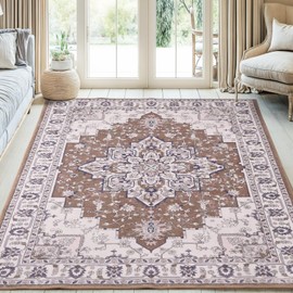 5x7 Area Rug for Living Room, Washable Area Rug Vintage Traditional Non Slip Low Pile Soft Foldable Carpet, Floral Print Stain Resistant Rug for Bedroom Dining Room Kitchen Entryway, Brown/Beige