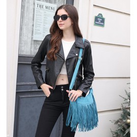 Fringe Hobo Bags for Women Vintage Suede Crossbody Bag Hippie Western Cowgirl Purses Tassel Shoulder Bag, Blue, 14.2"L x 3.9"W x 10.3"H