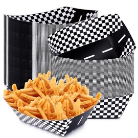 AIOMOB 100 Pcs Racing Car Paper Food Boats Checker Nacho Trays Disposable Racing Party Food Boat Black and White Plaid Food Serving Tray for Racing Theme Birthday Party Popcorn Nacho Snack Hot Dog