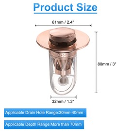 uxcell Bathroom Sink Stopper with Seal Ring Push Type Sink Drain Strainer with ABS Filter Basket Hair Catcher Fit for 1.2"-1.6" Dia 2.8" Depth Sink Drain Hole, Rose Gold