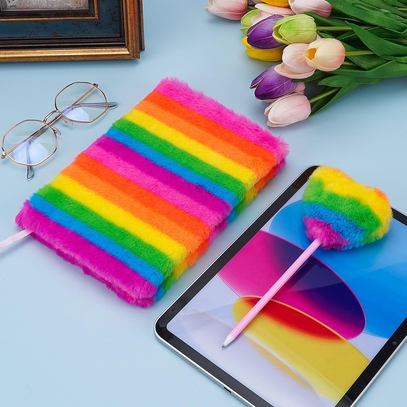 Biiange Plush Notebook, Fluffy Notebook Set, Rainbow Plush Notebook Diary,