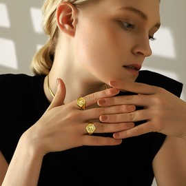 U7 Adjustable Signet Ring Women Gold Chunky Rings R Initial Pendant