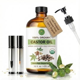 Extra Virgin USDA 100% Organic Castor Oil for Hair, Brows, Lashes & Skin – Cold-Pressed, Hexane-Free, Mess-Free Pump in 16oz Glass Bottle