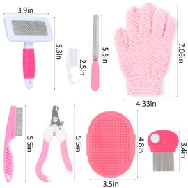 VCZONE Pink Small Animal Grooming Kit with Nail Clipper, Flea Comb, Shampoo Brush, Slicker Brush, Massage Glove for Rabbits