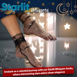 AVIAN LEGS Black Noir Elegance: Women Sheer Slouch Tulle Socks | Shiny Glitter Novelty Decorated Loose Socks with Stars & Moon - Ankle High 1 Pair (US sizes 5-8)