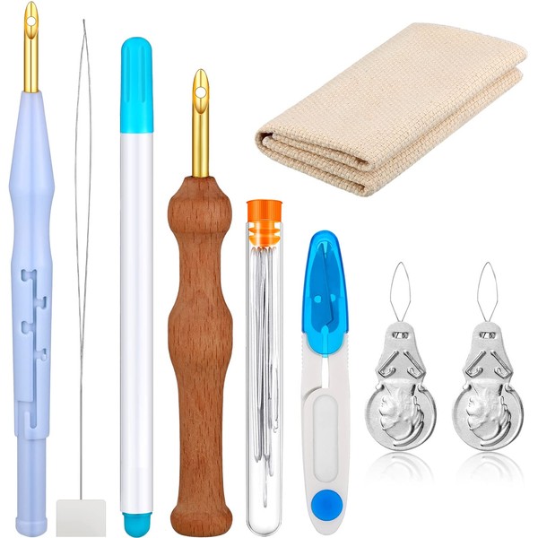 17 Piece Punch Needle Embroidery Kits Adjustable Rug Yarn Punch Needle Wooden Handle Embroidery Pen Needle Threader Punch Needle Cloth for Embroidery Floss Cross Stitching Beginner