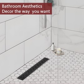 muschbath 28 Inch Linear Shower Drain, Matte Black Shower Drain,Removable Grate, 304 Stainless Steel, Easy to Install and Clean for Bathrooms (Drain Base Not Included),LSD-14A-28B
