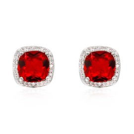 Square Ruby Stud Earrings Micro Paved AAA CZ Jewelry Wedding Party Prom For Women (Red)