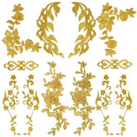 Qililandiy 12 Pieces Gold Flower Sew On Appliques Embroidery Iron On Patch Gold Lace Applique Sewing Fabric for Crafting Wedding Dress Jeans Clothes