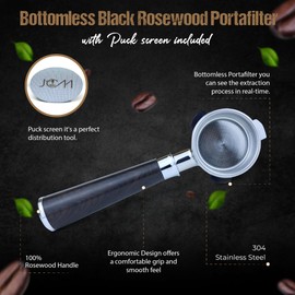 54mm Espresso Bottomless Portafilter 3 Ears Black Rosewood Handle – Fits 54mm Breville Espresso Machine – Includes Stainless Steel 18g Filter Basket & 1.7mm Puck Screen