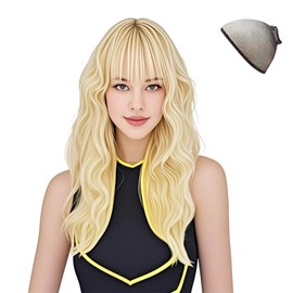 AYNKH Women's Long Wave Blonde Wigs, 27 Inch Long Curly Wig, Synthetic Hair Wig, Full Hair Replacement Wigs,Bangs,Role Play Party, Everyday Use, Light Blonde, Fashion,Mapofbeauty