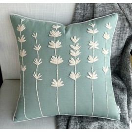 VAGMINE Hand Embroidered Daisy Accent Throw Pillow Cover - 18x18 Inches Square - 100% Cotton Light Teal Decorative Cushion Cover for Couch, Sofa, Bed - Textured Embroidery - Elegant Floral Home Décor