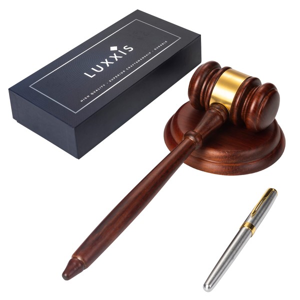 Luxxis Wooden Gavel and Block Set – Great for Judge Lawyer Auction and Meetings – x1 Handcrafted Wood Gavel, x1 Round Block, x1 Luxury Pen