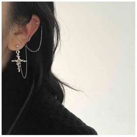 Yheakne Cross Chain Cuff Earrings Silver Cross Dangle Chain Earrings Long Crucifix Drop Earrings Religious Ear Cuff Wrap Chain Earrings Jewellery for Women and Girls