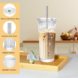 Icesip 18 oz Ribbed Glass Tumbler with Straw and Lid, 2 Pack Glassware Set Thickened Glass For Matcha Iced Coffee Juice Cocktails Drinking Glasses Tumbler