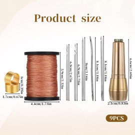 9pcs Leather Sewing Awl Kit Including 45m Waxed Thread and Thimble Canvas Leather Sewing Awl Needle with Copper Handle with 6 Needles for Leather Craft Needle Kit Shoe Repair Tool