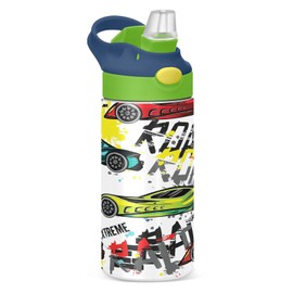 Boccsty Bright Race Car Truck Kids Water Bottle with Straw Lid Sport Cars Insulated Stainless Steel Reusable Tumbler for Boys Girls Toddlers 12 oz Green