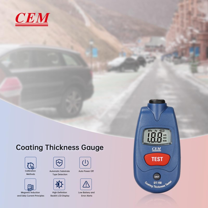 CEM Paint Thickness Gauge,Car Boat Coating Tester with Calibration Plates&Battery,Fe/NFe