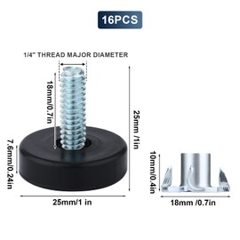 AIEX 1/4" Thread Outer Diameter Furniture Leveling Feet, Adjustable Furniture Levelers with T Nuts Screw in Feet for Furniture Cabinets Sofa Tables Chairs.（16pcs）