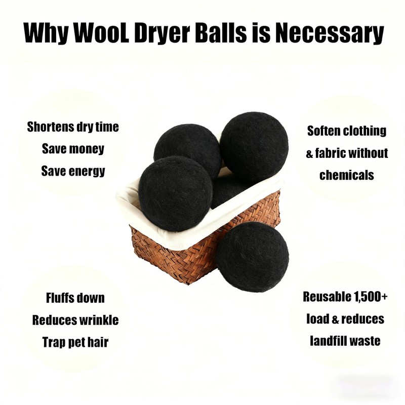 6 Pack Wool Dryer Balls, Black, 2.75 in/7 cm