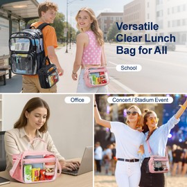PACKISM Clear Lunch Bag for Girls - Reusable Heavy Duty Clear Lunch Box for School with Adjustable Shoulder Strap, Transparent Stadium Approved Lunch Snack Bag for Work Travel Picnic, Pink