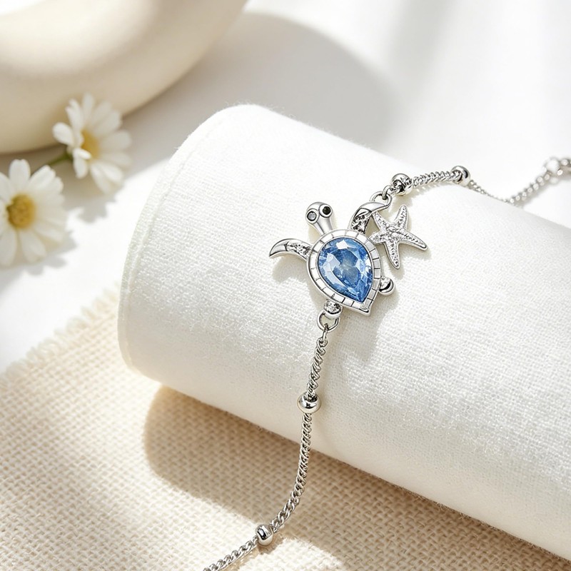 Hifeeled Turtle Anklet Women's Silver 925 Chain with Ball Beads
