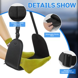 Travel Essentials Foot Hammock for Flight & Desk - Adjustable Leg Rest with Thick Memory Foam Support Plates - Perfect for Long Flights & Office Use - Plane Footrest(Black)