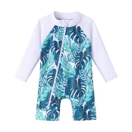 Ghteas Newborn Swimsuit Boy Baby Boy Rashguard Swimsuit Kids Long Sleeve Full Zip Bathing Suits Baby Boy Swim White Leaves 0-3 3-6 Month Swimsuit Boy