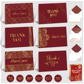 Decorably 24 Pack Gold Foil 6x4in Red Thank You Cards with Envelopes and Stickers, 6 Elegant Designs for Friends, Family, Loved Ones, Blank Inside - All Occasions, Holidays, Gifting, Mailing