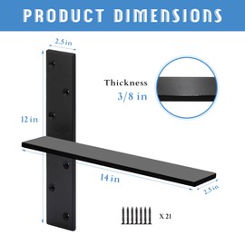 Floating Shelf Bracket 3/8" Thick Heavy Duty Shelf Brackets 4 Pack Free Hanging Countertop Support Bracket 14" Lx2.5 W Floating Wall Brackets for Cabinets, Granite, Dishwasher, Bench Seats Vanities