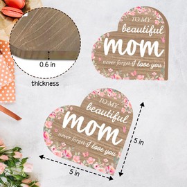 5" Mother's Day Gift Natural Wooden Block Sign - To My Beautiful Mom - Floral Heart Shape Rustic Wood Plaque - Christmas Valentines Thank You Gift, Home Office Tabletop Decoration & Supplies - A07