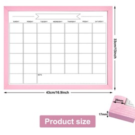 TORASO Dry Erase Monthly Calendar Board, Magnetic Whiteboard for Wall, Office,School,Home, Solid Wood Pink Frame Hanging Board 13"x 17"(YL-Pink-3343-B)