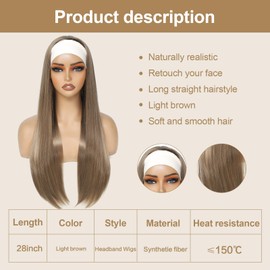 Yacurcur Headband Wigs Silky Straight Hair Glueless None Lace Front Synthetic Straight Hair Headband Wigs for Women 150% Density Light Brown Color 28 Inch