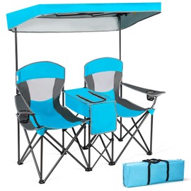 GYMAX Double Camping Chair, Beach Chair with Canopy Shade, Adjustable UV Protection, Cooler, Cup Holder & Carry Bag, Folding Portable Lawn Soccer Camp Chair with Umbrella for Adults (Blue, 2 Person)