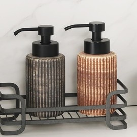 Jueison Foaming Soap Dispenser, Ceramic Bathroom Countertop Hand Soap Dispenser for Kitchen Sink Bathroom Bottle with Pump Refillable Lotion Liquid Soap Dispenser (Brown Foam 2)