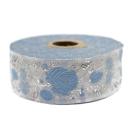 35089 - Bobina de 11 yardas de 1.3 pulgadas, cinta jacquard floral azul y blanco, ribete medieval, tela retro, cinta compensada, decoración del hogar