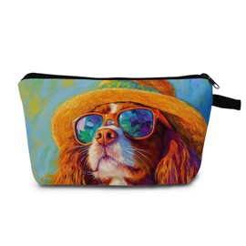 MoCaliduccious Cavalier King Charles Spaniel Makeup Bag Vintage Oil Painting Style Adorable Dog with Straw Hat & Sunglasses Artistic Cosmetic Pouch for Dog Lovers Gift for Pet Enthusiasts