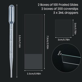 Pack of 100 Pre-Cleaned Microscope Slides with Ground Edge and 200 Pieces Pre-Cleaned Microscope Cover Glasses with 5 Plastic Droppers for Laboratory Biology Science Studies