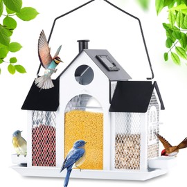 Coliatik Solar Bird Feeder House for Outside Hanging, Large Capacity Birdhouse Bird Feeders Hanging for Outdoors, Metal Mesh Wild Birdfeeder for Finch Cardinal, White and Black