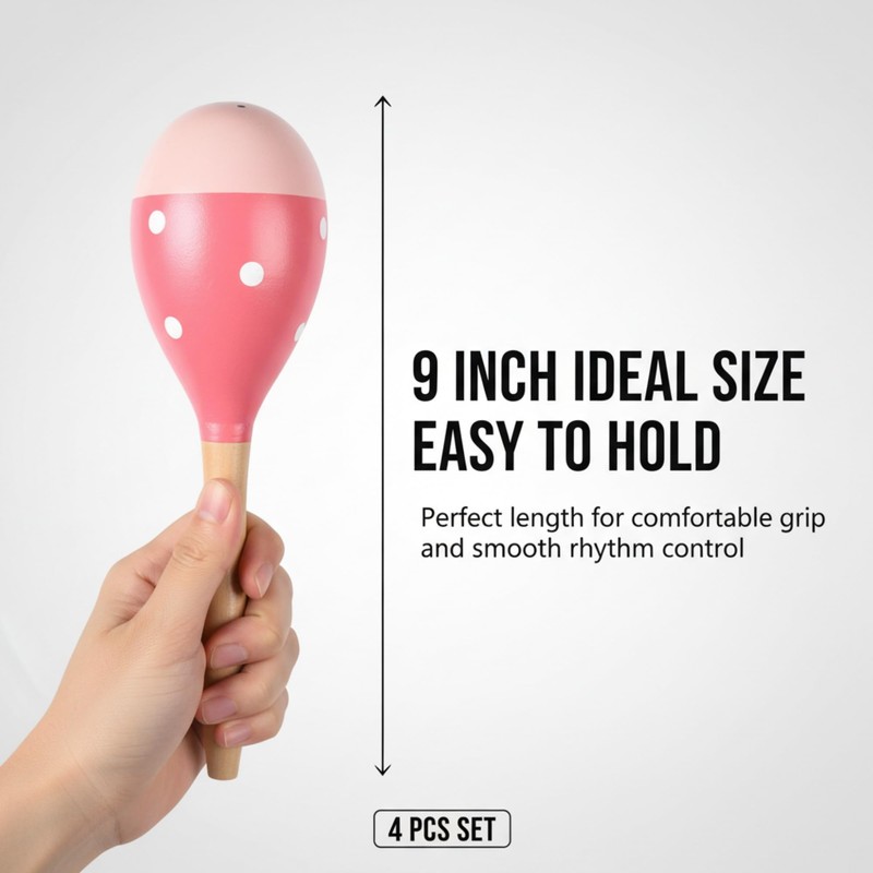 4 Pcs Maracas, 9 Inch Wooden Maraca Instrument (Pink-Smile)
